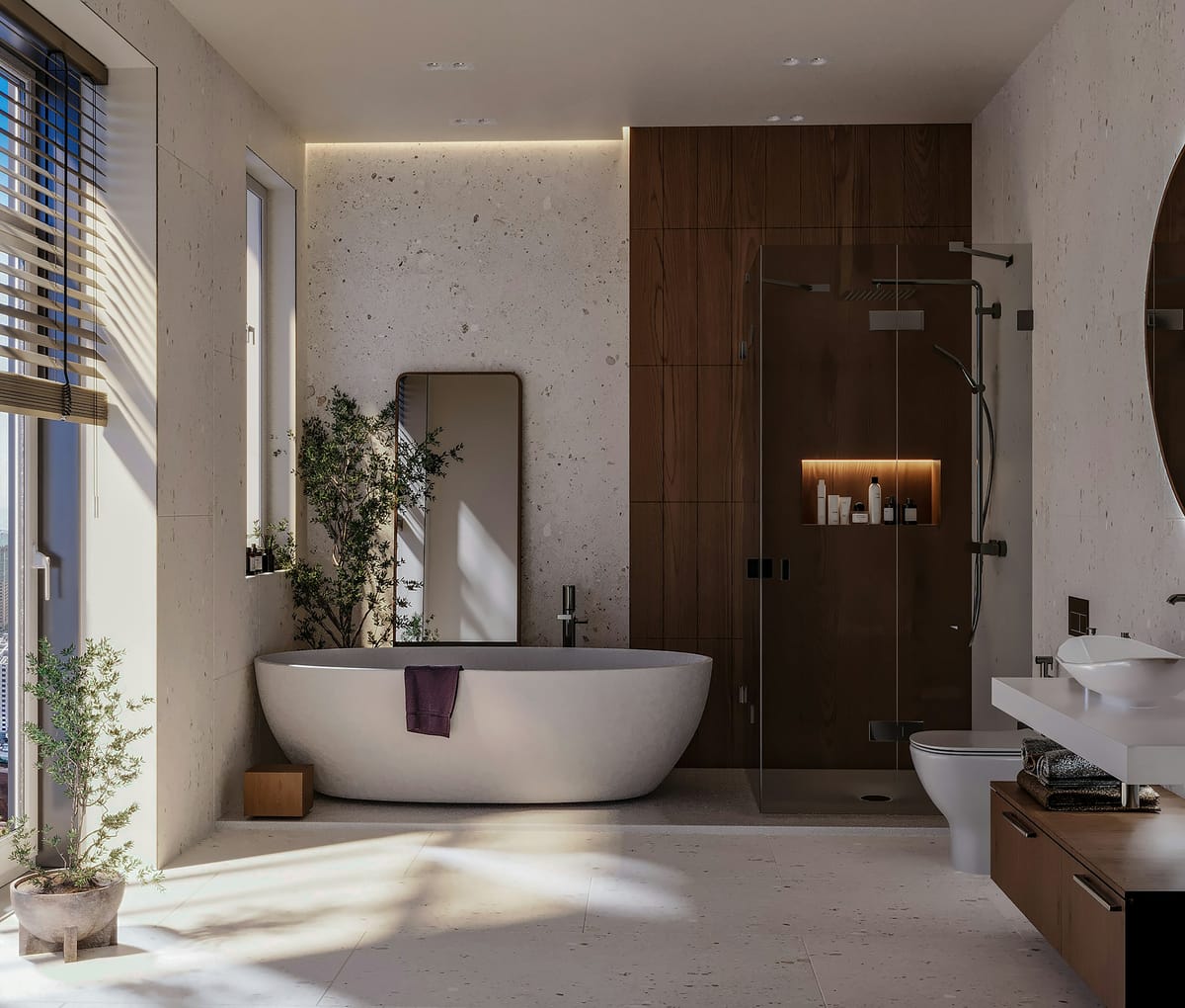 Helles Badezimmer mit Wanne und grossem Fenster
